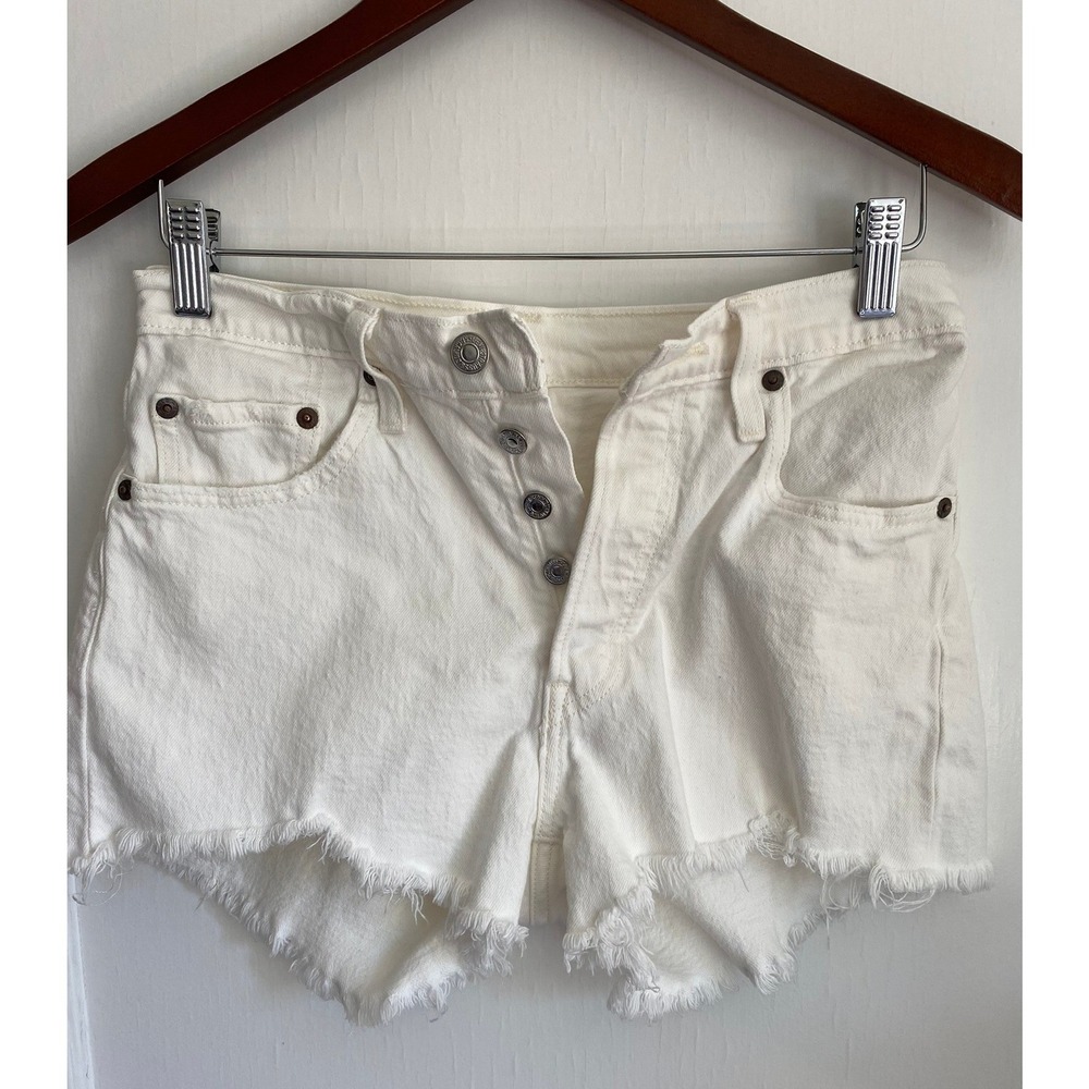 Levi's 501 Denim Shorts Women 26 White Cut Off Frayed‎ Hem Button Fly